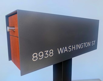 Engraved Post Mounted Mailbox, Modern Design, Powder coated aluminum, Engraved address numbers and St. Includes Post
