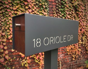 Mailbox With ENGRAVED (Address, Street Name, Number): Custom Modern and Contemporary Post Mounted Aluminum & Ipe Mailbox- Includes Post