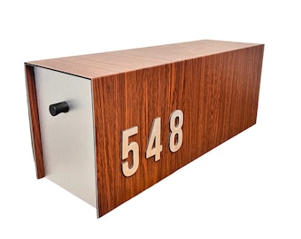 Post Mounted Modern Mailbox, Woodgrain Aluminum Composite material, Customizable Address Numbers