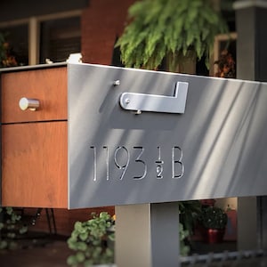 Modern Mailbox, Modern Home Design, Powdered Coated Aluminum, Post Mounted Mailbox, Through Cut Address Numbers with Flag, Includes Post