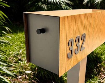 Post Mounted Modern Mailbox, Woodgrain Aluminum Composite material, Customizable Address Numbers