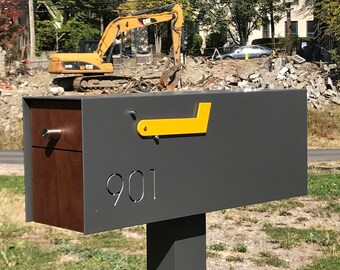 Modern Mailbox - Contemporary Design - Powdered Aluminum Real IPE Wood Post Mounted Mailbox - Engraved Address with flag | Includes Post