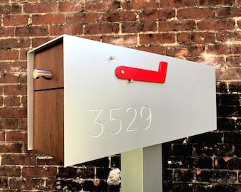 Contemporary Post Mounted Mailbox - Polished Aluminum finish with Real Wood Door - Engraved Numbers with Flag Post included - Modern Design