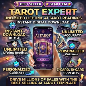 Op de afbeelding: Digitale advertentie voor een AI Tarot-app. De afbeelding toont een hand die een smartphone vasthoudt met tarotkaarten, omringd door andere telefoons met app-functies. Tekst bevat "Tarot Expert", "Directe download" en "Onbeperkte levenslange lezingen".