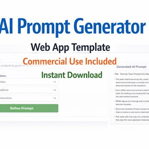 May include: A web app template titled "AI Prompt Generator" with the text "Commercial Use Included" and "Instant Download." The interface includes fields for idea, tone, audience, and instructions, with a "Refine Prompt" button. A generated prompt example is also visible.
