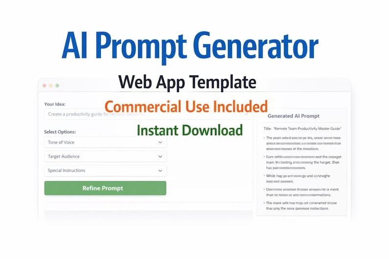 May include: A web app template titled "AI Prompt Generator" with the text "Commercial Use Included" and "Instant Download." The interface includes fields for idea, tone, audience, and instructions, with a "Refine Prompt" button. A generated prompt example is also visible.