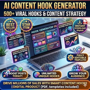 May include: A digital product advertisement for an AI Content Hook Generator. The image features a laptop displaying the software interface, surrounded by icons and text promoting viral hooks, content strategy, and instant downloads. The product promises to boost engagement and sales.
