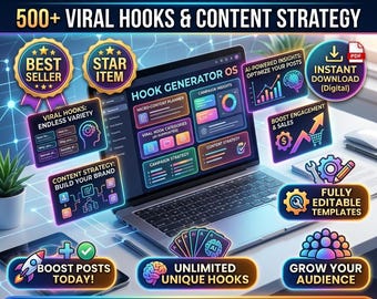 May include: A digital product advertisement for an AI Content Hook Generator. The image features a laptop displaying the software interface, surrounded by icons and text promoting viral hooks, content strategy, and instant downloads. The product promises to boost engagement and sales.