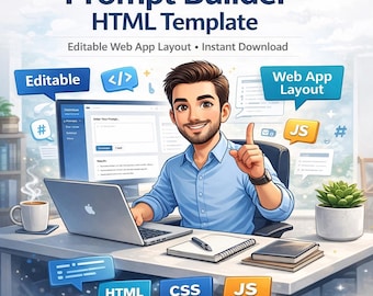 May include: Illustration of a man working on a laptop with the text "Prompt Builder HTML Template." The image includes speech bubbles with the words "Editable" and "Web App Layout." Other elements include HTML, CSS, and JS icons, a coffee cup, and a potted plant.