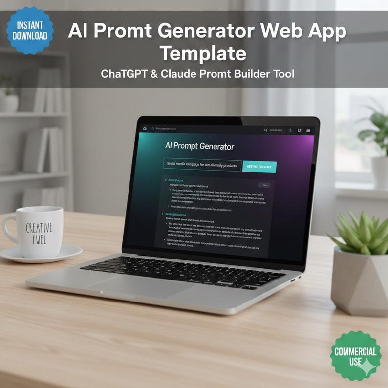 May include: A laptop displaying an "AI Prompt Generator" web app template. The screen shows text and a button labeled "Refine Prompt." A white mug with "Creative Fuel" is on the table. The image also includes the text "Instant Download" and "Commercial Use."