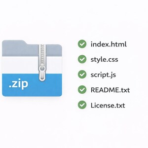 May include: A zipped folder icon with a silver zipper, light blue and white sections, and the text ".zip".  Next to it are green checkmarks next to the following text: index.html, style.css, script.js, README.txt, and License.txt.