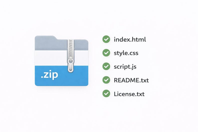 May include: A zipped folder icon with a silver zipper, light blue and white sections, and the text ".zip".  Next to it are green checkmarks next to the following text: index.html, style.css, script.js, README.txt, and License.txt.
