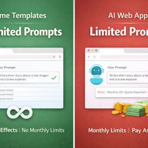 May include: A split image with a green and red background. The green side shows "Unlimited Prompts" with a browser window displaying a chatbot and a checkmark. The red side shows "Limited Prompts" with an error message and money.