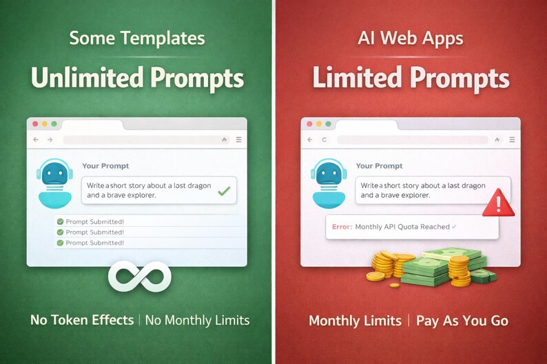 May include: A split image with a green and red background. The green side shows "Unlimited Prompts" with a browser window displaying a chatbot and a checkmark. The red side shows "Limited Prompts" with an error message and money.