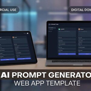 May include: A tablet and laptop displaying a web app template for an AI prompt generator. The tablet is on the left, and the laptop is on the right. The text "AI PROMPT GENERATOR WEB APP TEMPLATE" is at the bottom of the image.