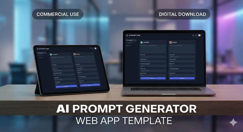 May include: A tablet and laptop displaying a web app template for an AI prompt generator. The tablet is on the left, and the laptop is on the right. The text "AI PROMPT GENERATOR WEB APP TEMPLATE" is at the bottom of the image.