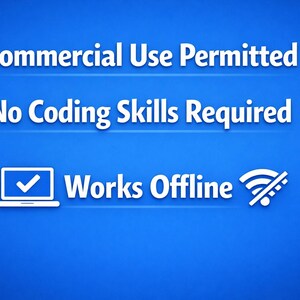 May include: A blue background with white text that reads "Commercial Use Permitted", "No Coding Skills Required", and "Works Offline". A laptop icon with a checkmark is also present.