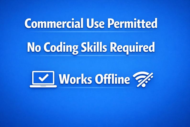 May include: A blue background with white text that reads "Commercial Use Permitted", "No Coding Skills Required", and "Works Offline". A laptop icon with a checkmark is also present.