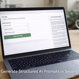 May include: A laptop displaying a webpage with text and options for generating AI prompts. The screen shows fields for 'Your Idea,' 'Select Options,' and a 'Refine Prompt' button. The text 'Generate Structured AI Prompts in Seconds' is at the bottom.