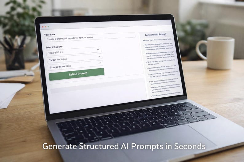 May include: A laptop displaying a webpage with text and options for generating AI prompts. The screen shows fields for 'Your Idea,' 'Select Options,' and a 'Refine Prompt' button. The text 'Generate Structured AI Prompts in Seconds' is at the bottom.