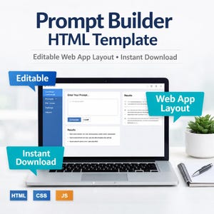 May include: A laptop displaying a web app layout with the text "Prompt Builder HTML Template." The screen shows a prompt input field and results section. Text bubbles read "Editable," "Web App Layout," and "Instant Download." HTML, CSS, and JS icons are at the bottom.