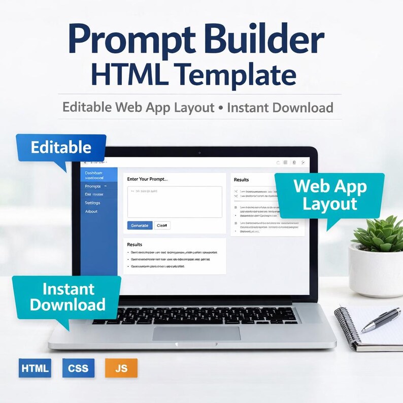 May include: A laptop displaying a web app layout with the text "Prompt Builder HTML Template." The screen shows a prompt input field and results section. Text bubbles read "Editable," "Web App Layout," and "Instant Download." HTML, CSS, and JS icons are at the bottom.