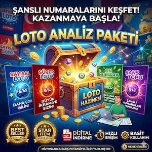 May include: A digital advertisement for a lottery analysis package. The image features a treasure chest overflowing with gold coins and lottery balls. Text includes "Loto Analiz Paketi" and "Best Seller". Various lottery cards are displayed, along with a person using a laptop.
