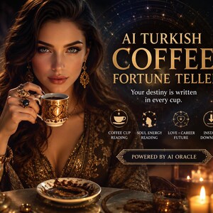 Puede incluir: Imagen promocional de "AI Turkish Coffee Fortune Teller". Una mujer con cabello castaño largo sostiene una taza de café decorativa. El texto dice "AI Turkish Coffee Fortune Teller" y "Tu destino está escrito en cada taza."