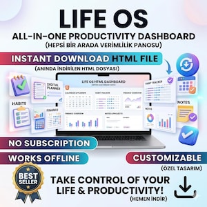 May include: A digital advertisement for a Life OS all-in-one productivity dashboard. The image features a laptop displaying the dashboard interface, with icons for digital planner, habit tracker, finance overview, and notes. Text includes "Instant Download HTML File" and "No Subscription."