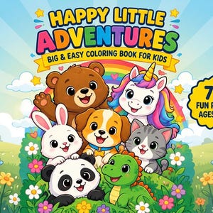 May include: A coloring book titled Happy Little Adventures Big & Easy Coloring Book For Kids featuring a brown bear, unicorn, puppy, rabbit, kitten, panda, and dinosaur in a flower field with a rainbow. The cover states 72 Fun Pages Ages 4-8.
