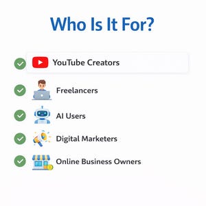May include: A graphic with the title "Who Is It For?" lists target audiences: YouTube Creators, Freelancers, AI Users, Digital Marketers, and Online Business Owners. Each group is accompanied by a relevant icon and a checkmark.