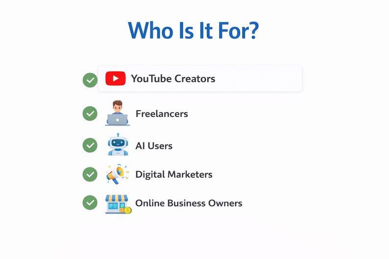 May include: A graphic with the title "Who Is It For?" lists target audiences: YouTube Creators, Freelancers, AI Users, Digital Marketers, and Online Business Owners. Each group is accompanied by a relevant icon and a checkmark.