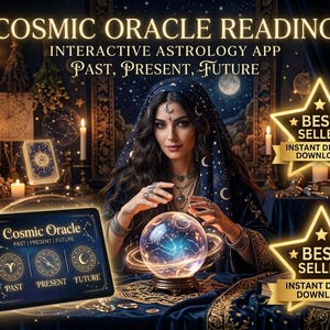May include: An image promoting a Cosmic Oracle Reading app. The image features a woman in a dark blue head covering, holding a crystal ball. The app's interface is displayed on a tablet. The text reads "Cosmic Oracle Reading, Interactive Astrology App, Past, Present, Future."