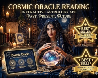 May include: An image promoting a Cosmic Oracle Reading app. The image features a woman in a dark blue head covering, holding a crystal ball. The app's interface is displayed on a tablet. The text reads "Cosmic Oracle Reading, Interactive Astrology App, Past, Present, Future."