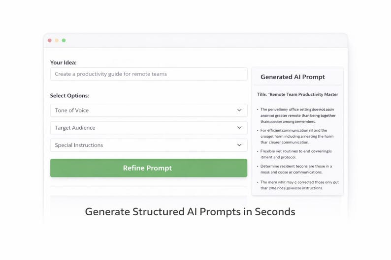 May include: A white computer screen displays a prompt generation interface. The interface includes fields for inputting ideas, selecting options like tone and audience, and a button labeled "Refine Prompt". The text "Generate Structured AI Prompts in Seconds" is also visible.