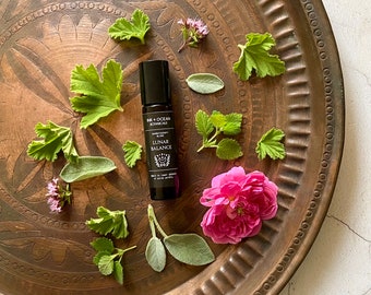 Luna balance, hormone support, PMS, menopause relief essential oil, roller blend, vegan, alcohol free.