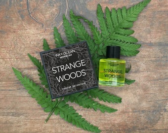 Strange Woods Natural Botanical Vegan Perfume Oil. Spicy and Woody Coriander, cedarwood, vetiver, amber, clove, gift boxed. Parfum Botanique
