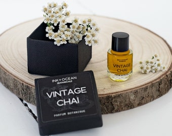 Vintage Chai Gourmand Floral Natural Botanical Vegan Perfume. Black Tea, Jasmine, Saffron, Cinnamon & Clove. Gift boxed. Parfum Botanique.