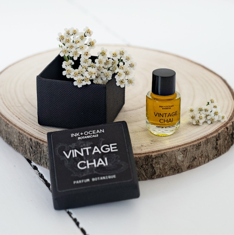 Vintage Chai Gourmand Floral Natural Botanical Vegan Perfume. Black Tea, Jasmine, Saffron, Cinnamon & Clove. Gift boxed. Parfum Botanique. image 1