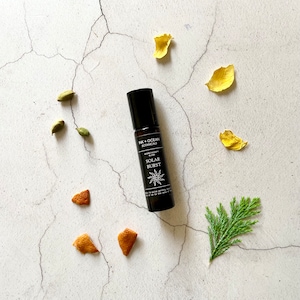 Può includere: Un flacone nero a rullo con un'etichetta bianca che recita "Ink + Ocean Botanicals Aromatherapy Blend Solar Burst". Il flacone è su uno sfondo bianco con fiori e foglie secche.
