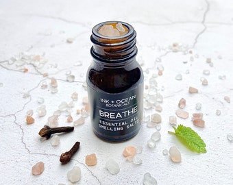 Breathe Smelling salts, sinus relief, aromatherapy, essential oils, pink Himalayan salt, Eucalyptus, Peppermint, Camphor, Clove, Rosemary