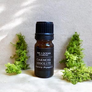 May include: A small amber glass bottle with a black cap, labeled "OAKMOSS ABSOLUTE" from Ink + Ocean Botanicals. The bottle is surrounded by green moss, creating a natural aesthetic. The label also includes the botanical name Evernia Prunastri.