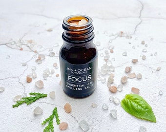 Focus Smelling salts, aromatherapy, essential oils, pink Himalayan salt, Rosemary, Basil, Lemongrass and Cypress, memory, concentration