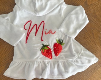 Hand Embroidered Strawberry Swim Cover Up Baby Girl Summer Birthday Gift Handmade Baby Gift Baby Shower Berry First Birthday