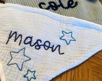Star Hand Embroidered Bib baby Boy Gift Baby Shower Gift Unique Keepsake Personalized