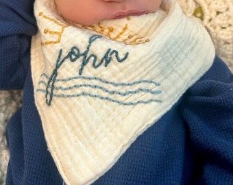 Boho Sun and Waves Hand Embroidered Bib baby Boy Gift Baby Shower Gift Boho baby Boy Gift Boho Baby Sun and Waves Gift Unique Baby Boy Gift