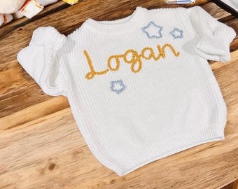Baby Boy Hand Embroidered Star Name Sweater Handmade Baby Boy Gift Keepsake Unique Baby Newborn Gift Baby Shower Gift Star Trendy Baby Gift