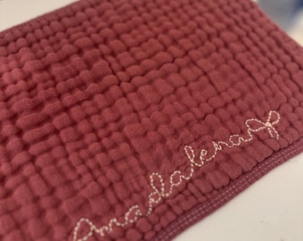 Baby Girl Hand Embroidered Burp Cloth Bow Detail Baby Girl Baby Shower Special Keepsake Gift Handmade Gift Unique Dusty Rose
