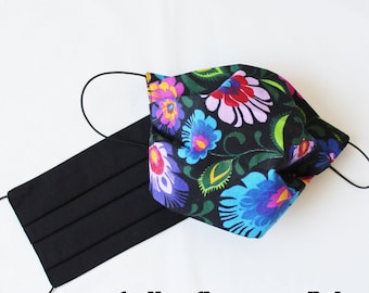 Colorful folk flower black face mask double layer cotton floral face mask washable reusable cloth protective two-sided adults onesize fabric