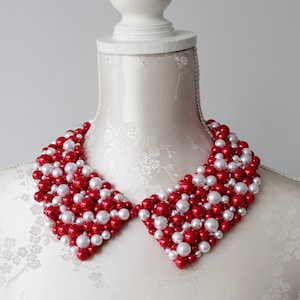 Red white collar necklace pearls beads pointed shape detachable beaded removeable accessories women peter pan collar delta sigma theta